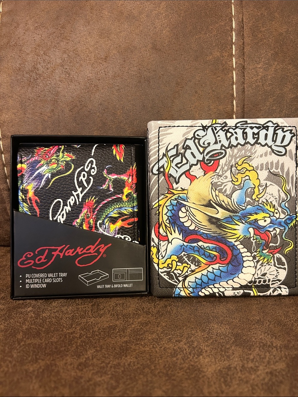 Ed Hardy Black Bifold Wallet with Multicolor Dragon Artwork